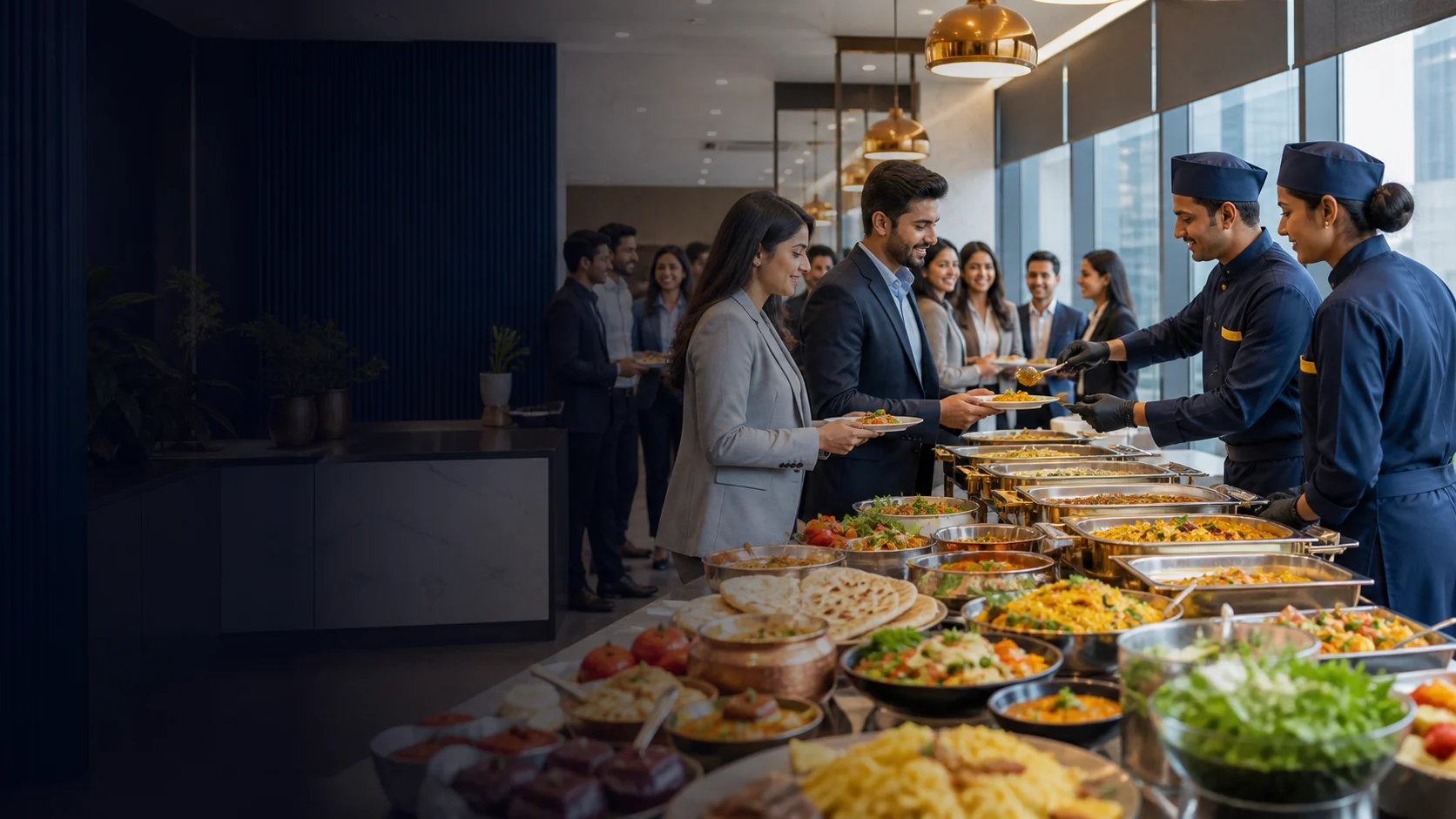 Office professionals being served a premium corporate buffet with multiple meal options
